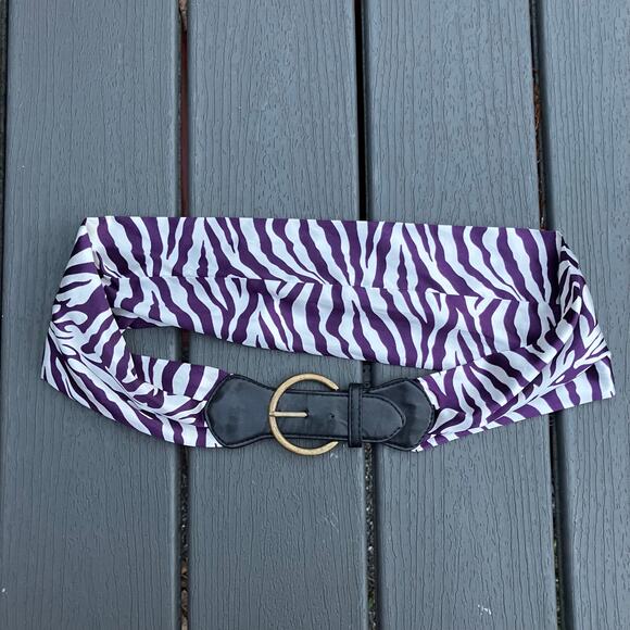 White and purple zebra satin fabric belt Y2K 2000s animal print bohemian - Picture 1 of 8